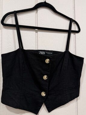 ZARA Black Button-Front Cropped Vest Top